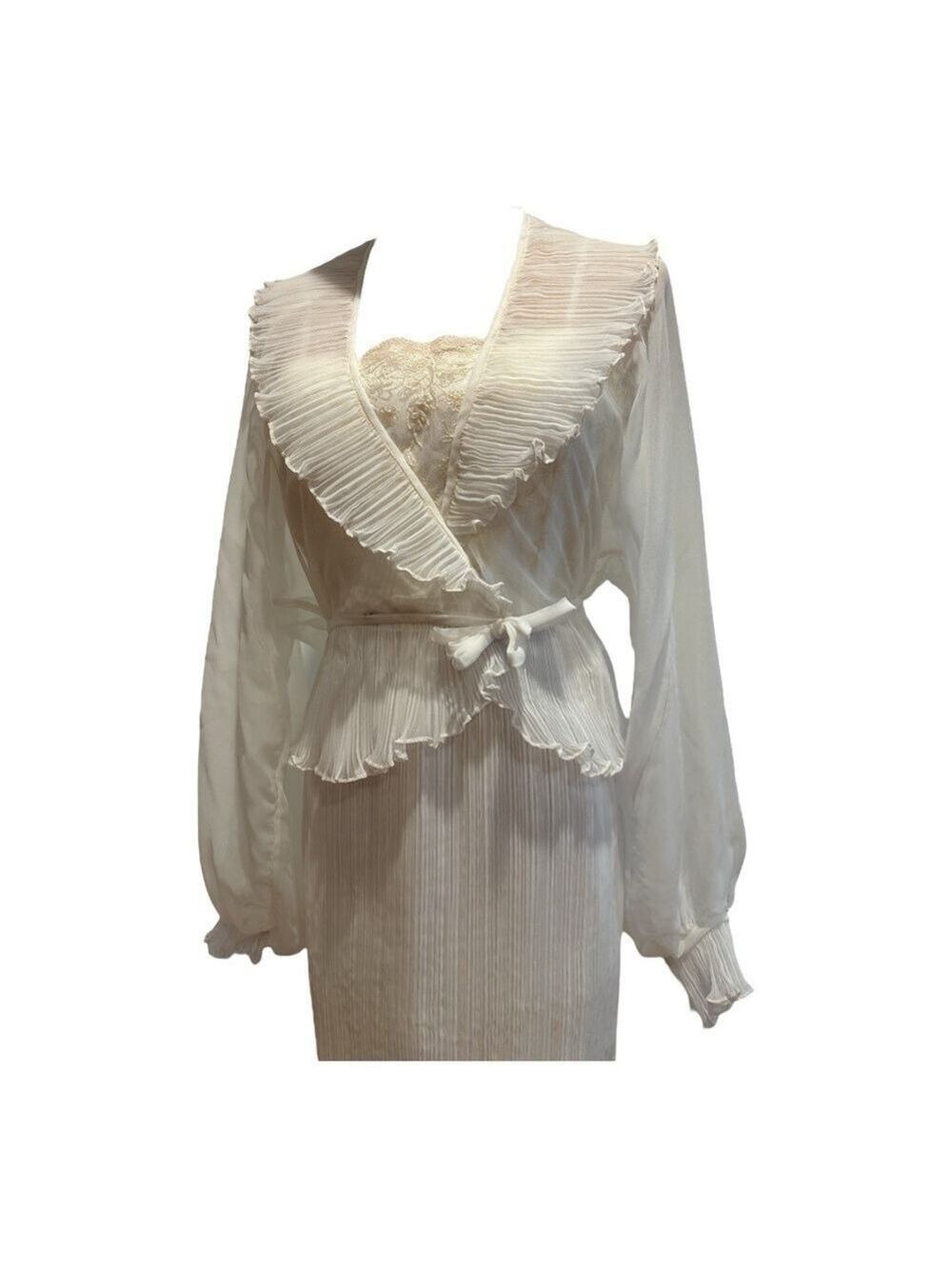 60s 2PC MAXI ETHEREAL WHITE DRESS W LACE BODICE MICRO PLEAT SKIRT & JACKET - Picture 8 of 17
